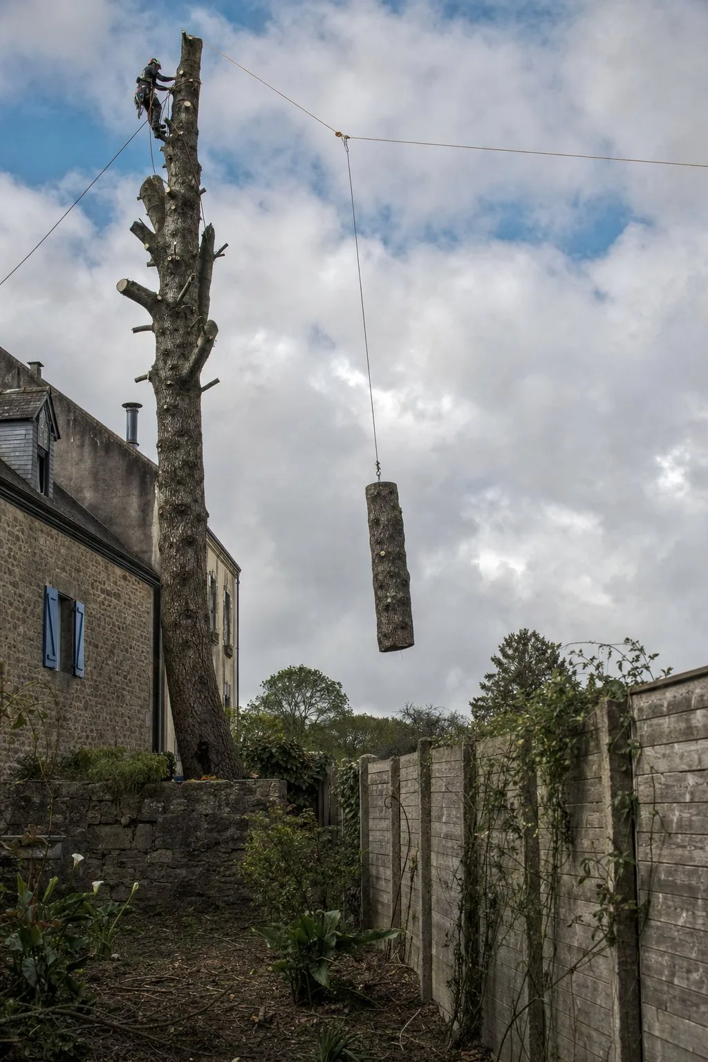 Tronçon suspendu à la corde entre une maison et une clôture, démontage en rétention.